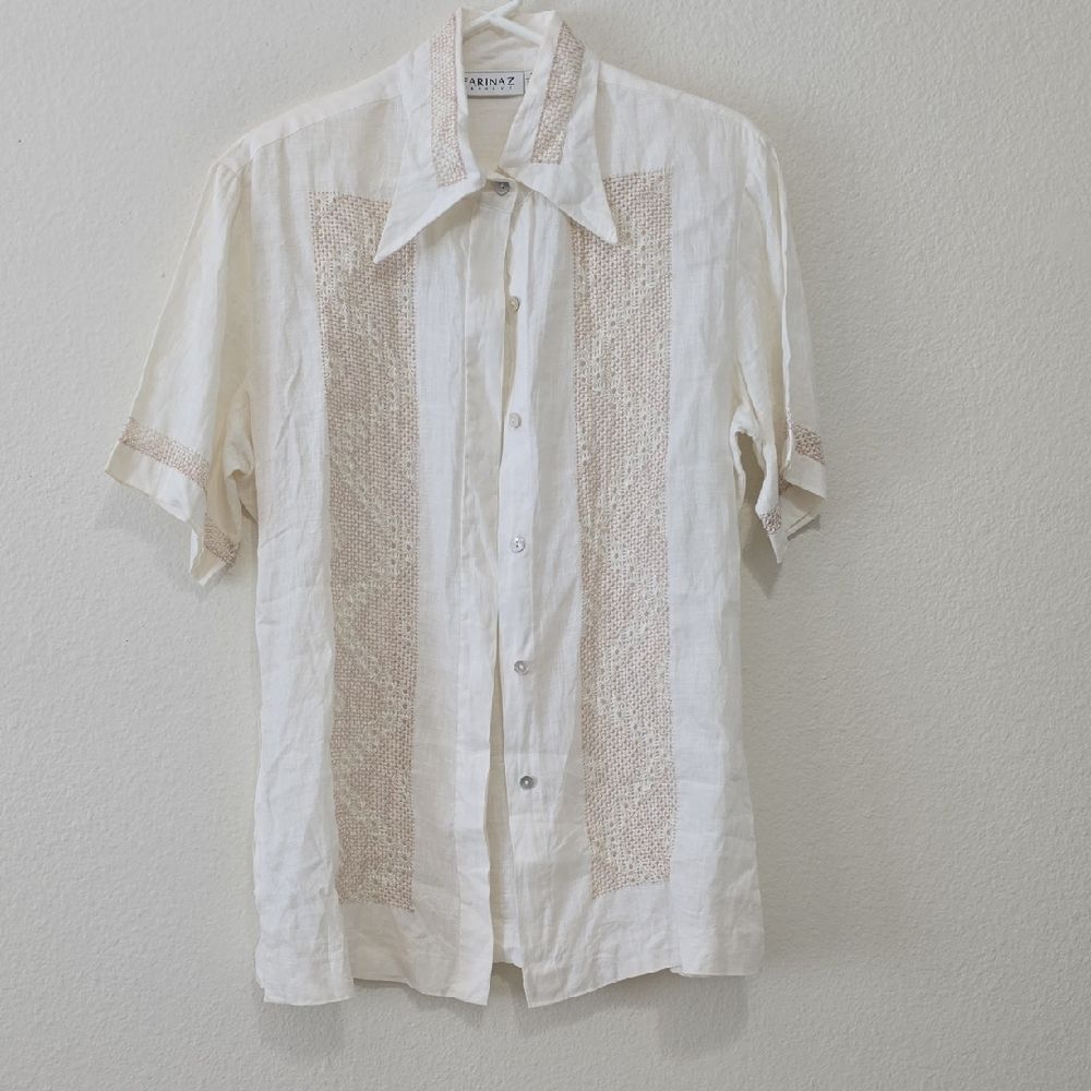 Farina Z Taghavi Embroidered Cream Button Down Shirt with Lace Panels 14
